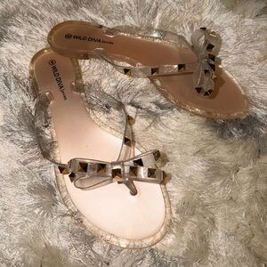 Wild Diva Clear Jelly Bow Stud Sandals - Nude with Gold Studs